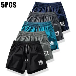 Men's Drawstring Pocket Shorts, Men's Clothing, Athletic Casual Stretch Waist Pocket Shorts, Breathable Everyday Wear Workout Pants Set of 5