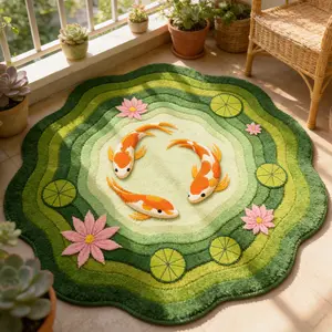 Modern Creative Gradient Lotus Koi Pattern Carpet, Plush Luxury European Style, Easy Care Rug for Living Room Bedroom Balcony