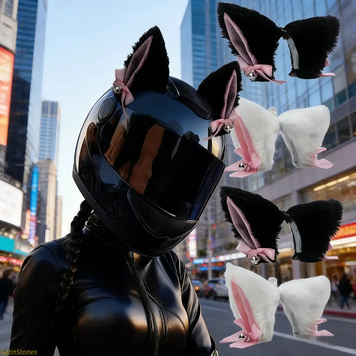 Cute Plush Cat Ear Helmet Accessories with Bows - Playful and Detachable Unisex Attachments for Motorcycle Personalization, Polyester