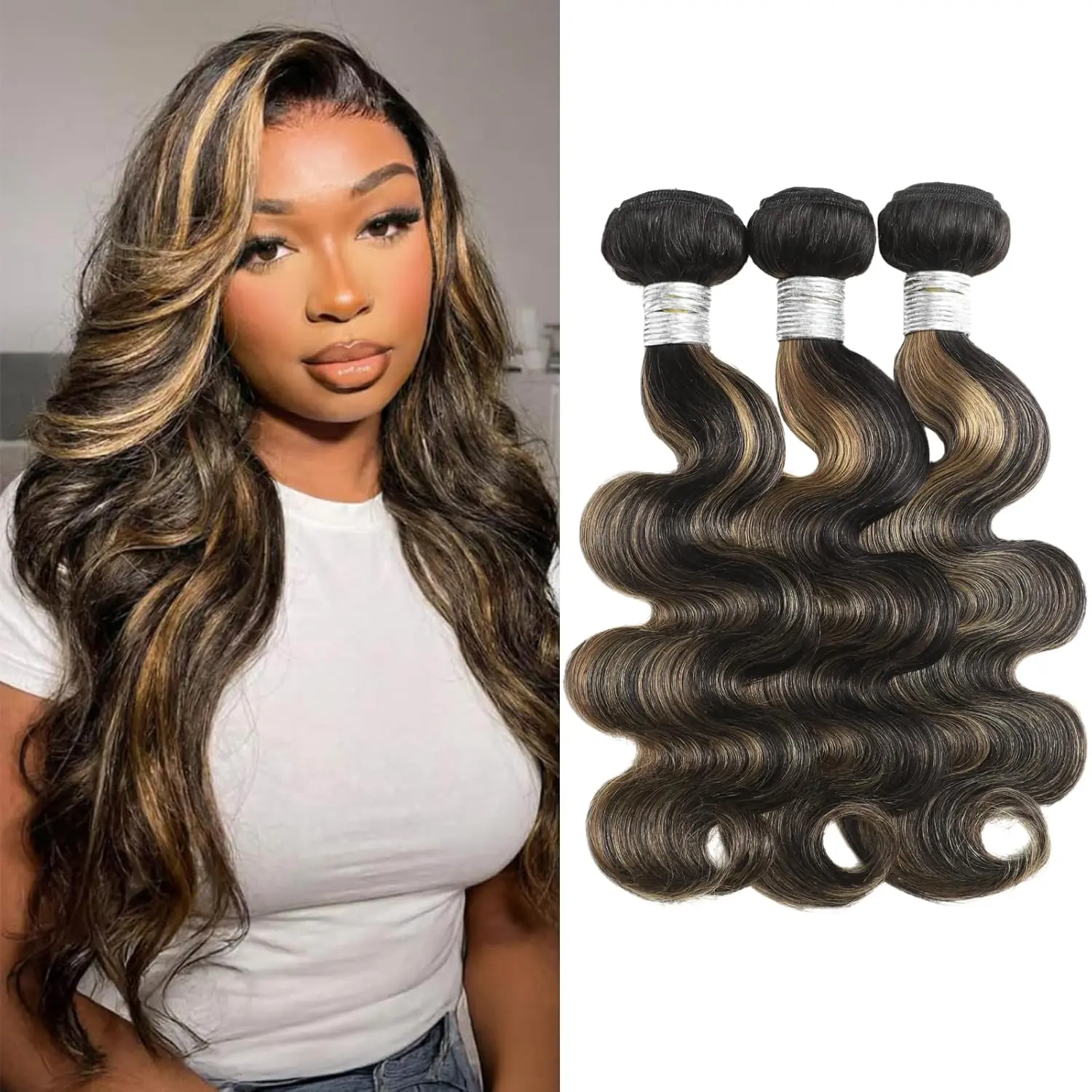 ALHER 12A #1B/27 Black-Blonde Ombre Balayage Human Hair Extensions, 20/22/24 Inch Body Wave Natural Wavy Bundles, 100% Unprocessed Virgin Remy Hair, 3Pcs/100g Each 300g Soft Thick Double Weft Sew-In for Women, Natural Wavy Hair
