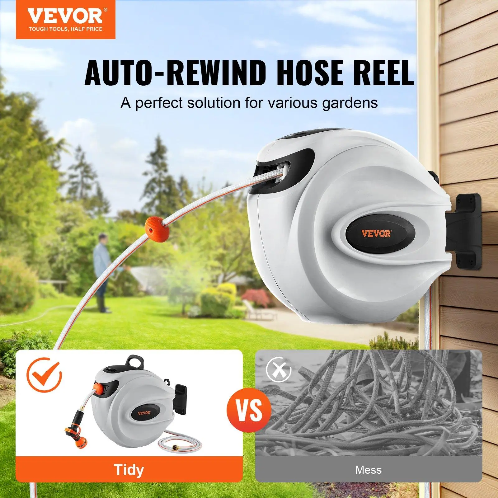 【Summerfinds】VEVOR Wall Mount Retractable PVC Hose Reel, Garden Watering Systems Accessory with 9-Pattern Nozzle, 180° Swivel Bracket, Automatic Rewind, Lock-at-Any-Length, Slow Return System for Window Cleaning, Washing Car, Locks Anytime, Max 130Ft