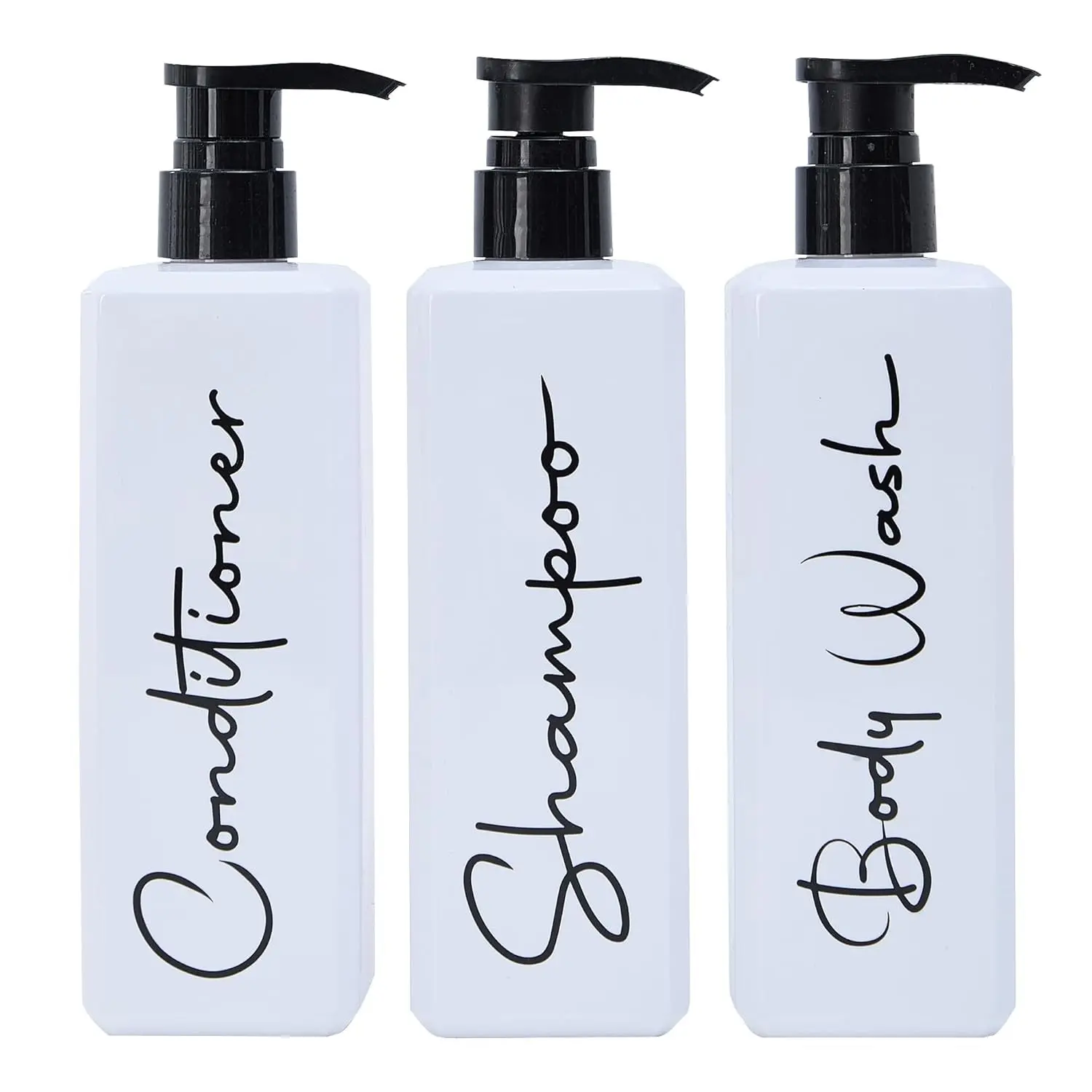 Spa-Inspired Refillable Shampoo and Conditioner Bottles - Dispenser Set of 3 with Pump - Bottles for Shower Wall – Printed Shampoo, Conditioner & Body Wash