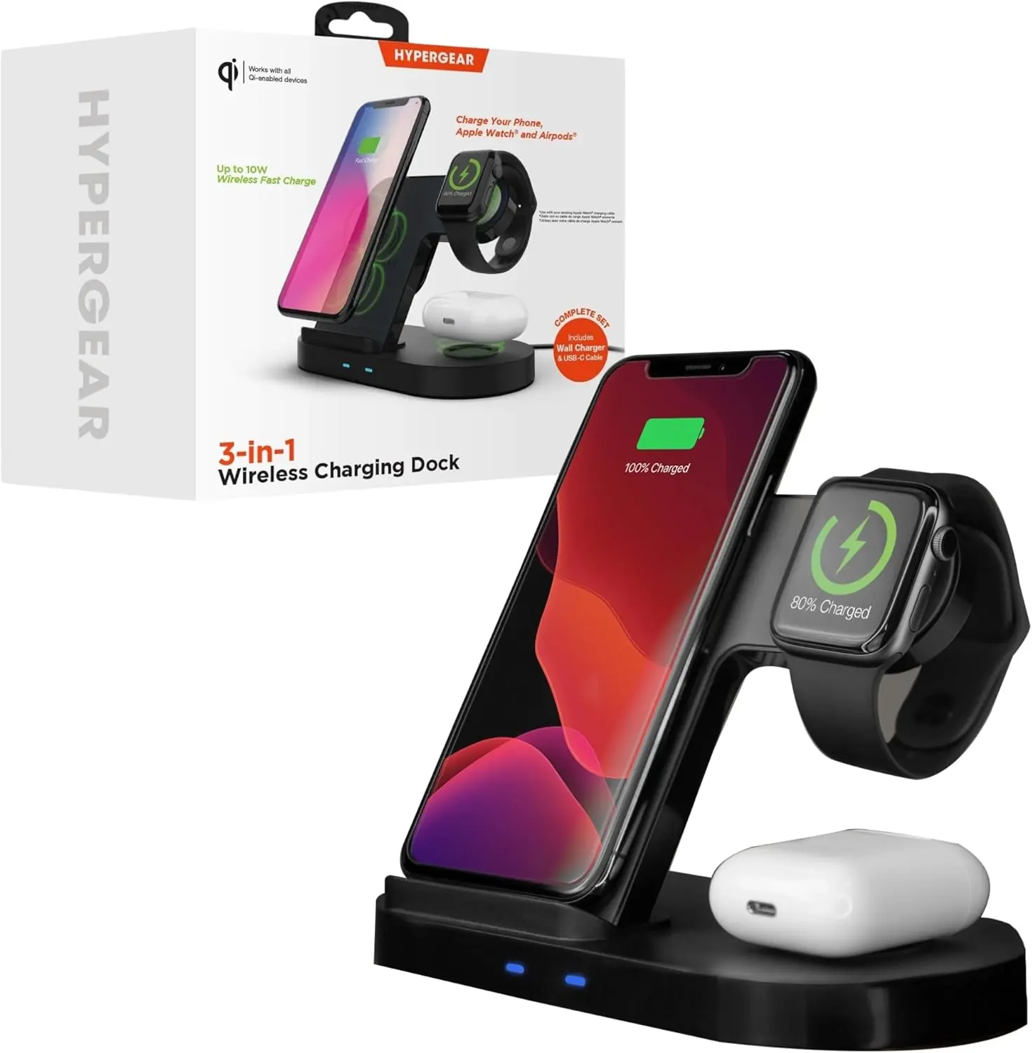 HyperGear 3-in-1 Wireless Charging Station - Phone Charger Stand for Multiple Devices with 10W Fast Charge, Phone & Watch Charger Station for iPhone, Android & AirPods