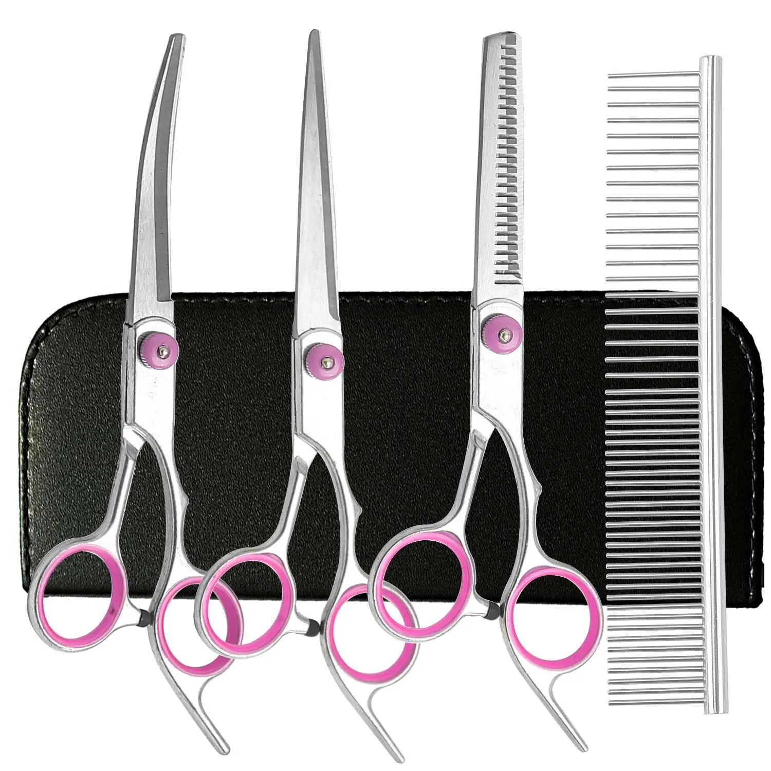 5-Piece Stainless Steel Grooming Scissors Set - 6.8in Straight Cutting, Thinning, Curved Shears & Combs, Left/Right-Handed, Tangle-Free, Universal Fit Professional Trimmer Kit for Barbers & Home Use