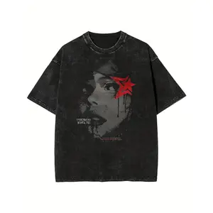 One 100 Percent Cotton Front Washed Denim T Shirt With Red Star Design Casual Style For Everyday Wear Unisex Suitable For All Seasons 230g Weight