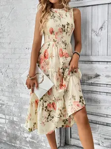 Women's Floral Print Frill Trim Shirred Ruffle Hem Tank Dress, Boho Sleeveless Round Neck A Line Midi Dress for Beach Holiday Vacation, Ladies Summer Casual Wear Clothes, Bohemian Print Dresses, Boho Sundresses, Bohemian Romantic Dress