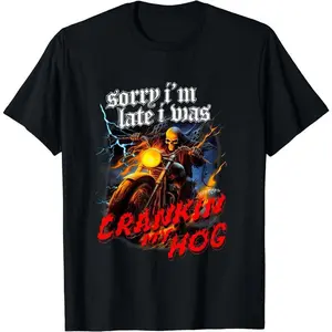 Men's Casual Cotton Tshirt - Round Neck, Short-Sleeve, Smooth Soft Fabric, "Sorry I'm Late I Was Crankin My Hog" Horror Skeleton Motorcycle Print, Plain Seamless Menswear Top