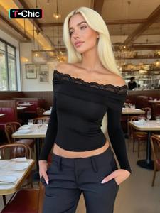 women's lace long sleeve one shoulder top, breathable elegant plain design, perfect for casual & party wear, stylish women's clothing