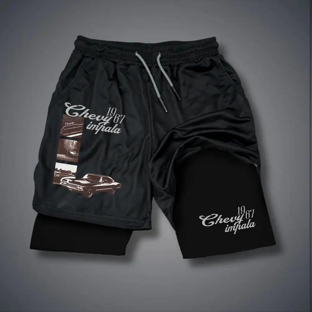 Vintage 1960s American Muscle Car Double-Layer Sports Shorts Graphic Shorts Black Shorts Camo Shorts Streetwear Shorts Men Outfits Men Short Shorts Vacation Outfits Shorts