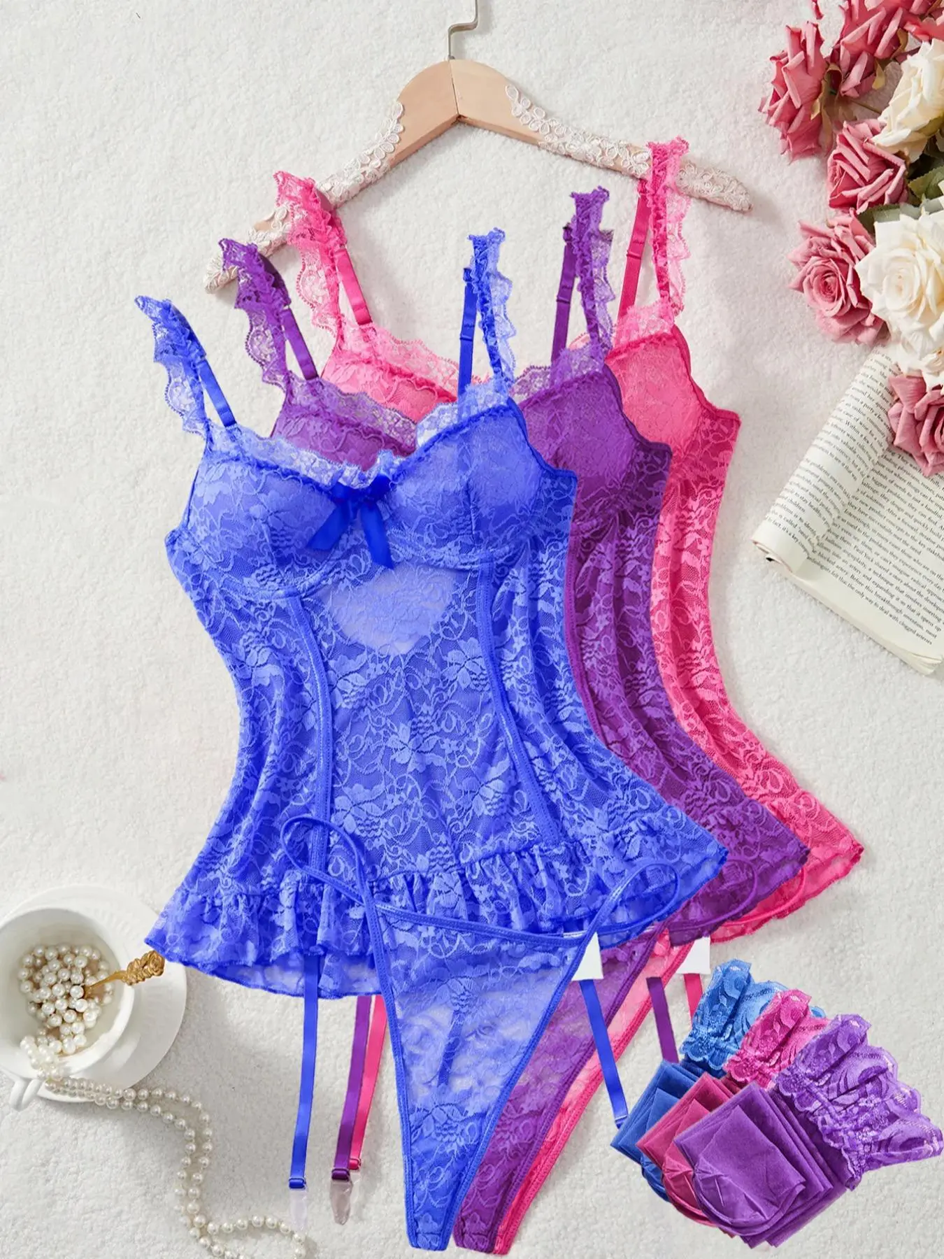 Women's Deep Purple 2-Piece Lingerie Set - Baddie Pajama Pants, Elastic Lace Teddy Bodysuit, Steel-Rimmed Bustier, Sheer Garterbelt, Floral Bow Panties, Soft Breathable Underwear for Bridal Halloween Gifting