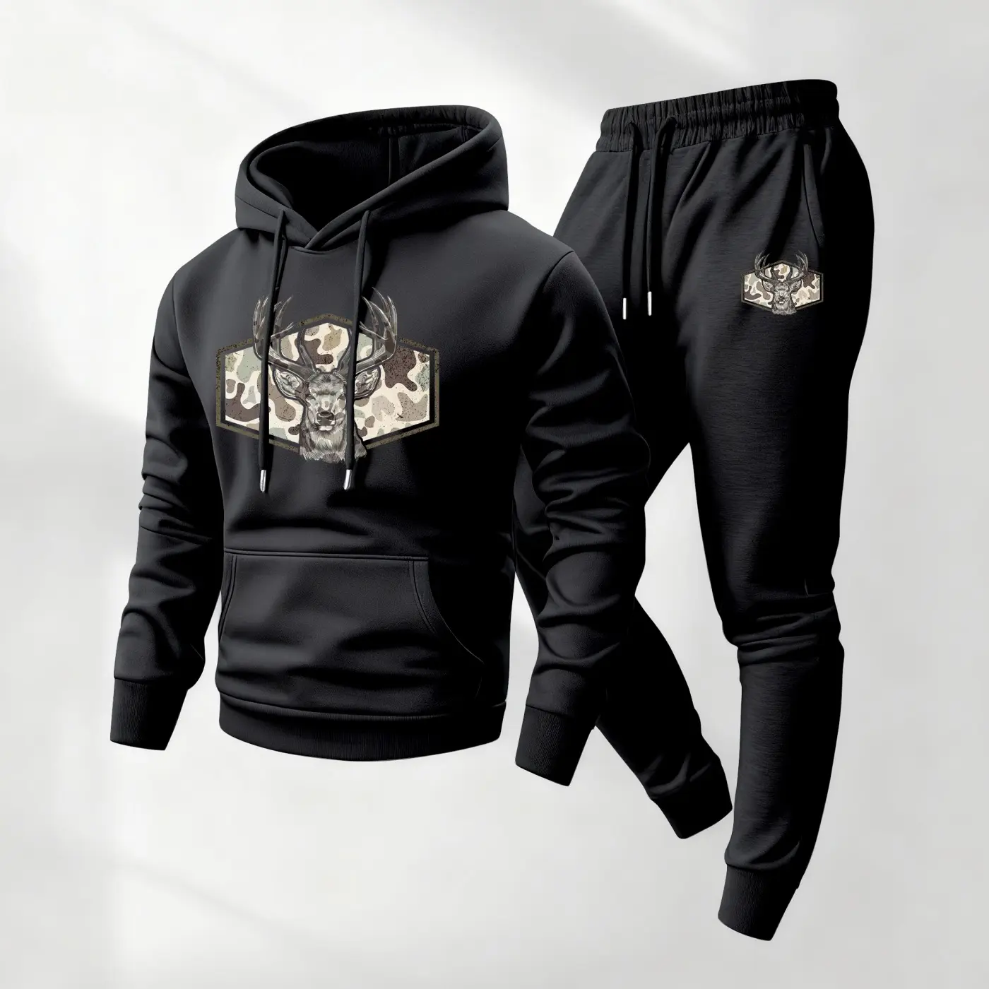 Men's Deer Camo Hunting Print Hoodie and Drawstring Sweatpants Set,Menswear,Casual Athletic Long Sleeve Hooded Jacket & Trousers for Fall & Winter,Men's Clothing for Daily Wear,Sportswear Indoor Outdoor,Tracksuit, Athleisure Summer Clothes