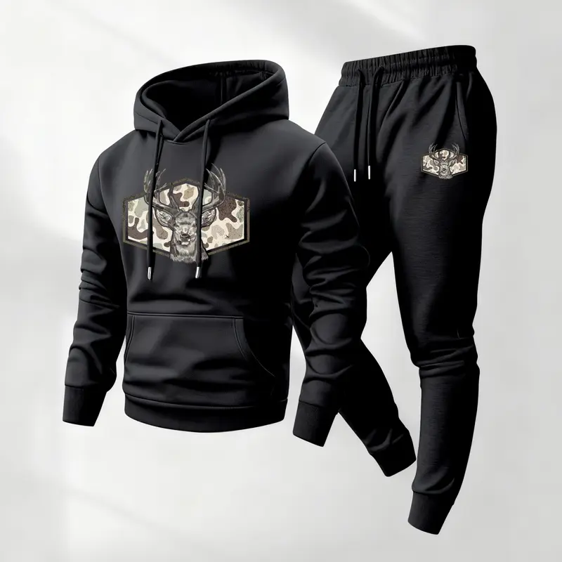 Men's Deer Camo Hunting Print Hoodie and Drawstring Sweatpants Set,Menswear,Casual Athletic Long Sleeve Hooded Jacket & Trousers for Fall & Winter,Men's Clothing for Daily Wear,Sportswear Indoor Outdoor,Tracksuit, Athleisure Summer Clothes