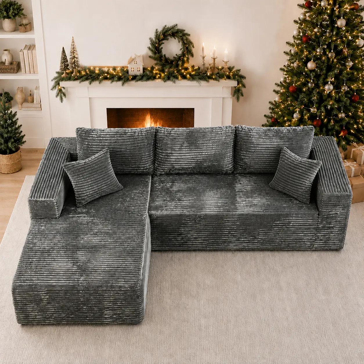 DIGWAC 106" L-Shape Modular Sectional Couch with 49" Chaise Lounge, Upgraded Independent Pocket Spring Base, Soft Corduroy Sofas Upholstery, Memory Foam Padding, Multi-Position Recliner, 6 Colors for Living Room Furniture