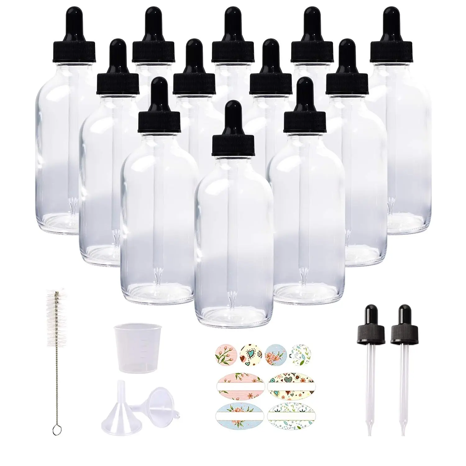 12 Pack 4oz Clear Glass Bottles with Glass Eye Droppers for Essential Oils, Perfumes & Lab  (1 Brush, 2 Funnels, 2 Extra Droppers, 24 count Labels & 30ml Measuring Cup Included)