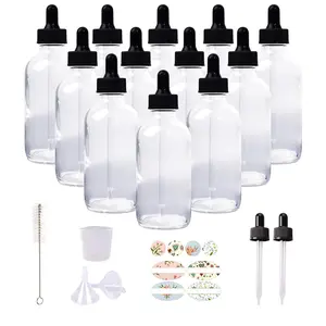 12 Pack 4oz Clear Glass Bottles with Glass Eye Droppers for Essential Oils, Perfumes & Lab  (1 Brush, 2 Funnels, 2 Extra Droppers, 24 count Labels & 30ml Measuring Cup Included)