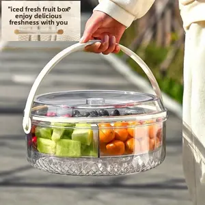 Clear Divided Vegetable Serving Tray with Lid & Dip Cup, Chilled Portable Basket, Rotating Fruit Platter for Snacks, Shrimp, Sushi, Fruit & Appetizers, Food Container for Travel, Outdoor Picnic, Party, Catering, Takeout, Food Delivery & Fridge Storage