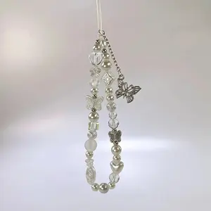Cute Silver Butterfly Pearl Keychain on the Phone Charm Cute Lanyard Cell Phone Strap Pendant For Woman Mobile Accessories