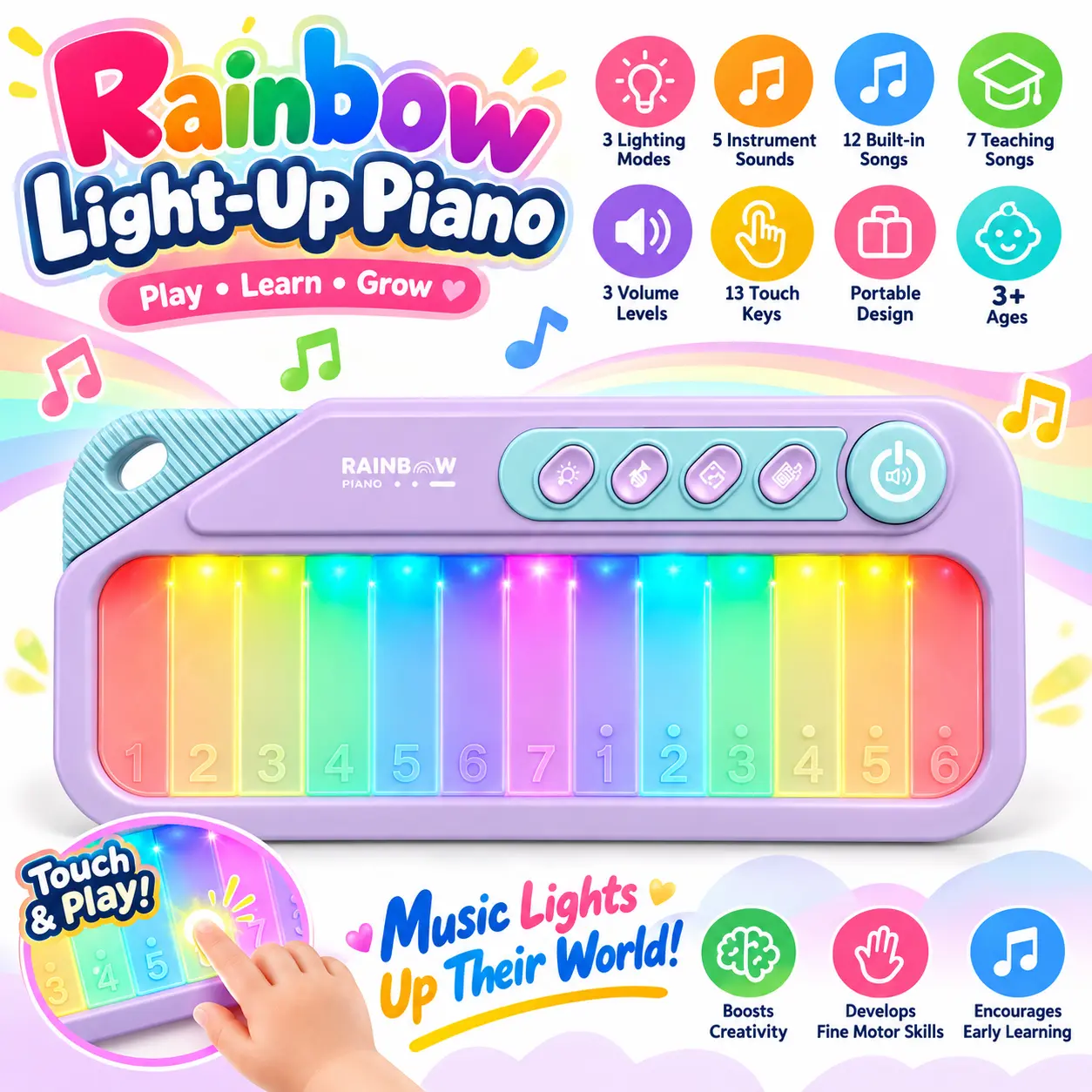 Rainbow Light-Up Piano 3 Lighting Modes 5 Instrument Sounds 12 Built-in Songs 7 Teaching Songs 3 Volume Levels 13 Touch Keys Portable Design 3+ Ages