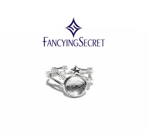 FancyingSecret Meteorite Ring – S925 Silver with Iron Meteorite, Star Accent Cosmic Jewelry for Daily, Travel, Proposal & Anniversary