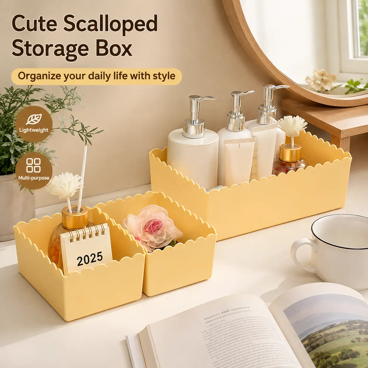 1 Count, Scalloped Wave Edge Plastic Desktop Storage Box, Organizer for Cosmetics, Stationery and Small Sundries for Home Dressing Table Bathroom