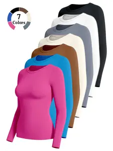 Women's slim, high-elastic, sexy round-neck yoga top, versatile for fitness, running and casual wear, Quick-drying long sleeves, suitable for indoor and outdoor use, all-season style, Athletic Yoga Shirts, Yoga Clothes, Fitness Sport Top