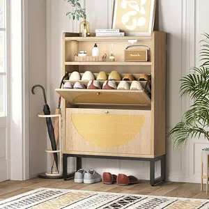 [SummerVibes] Vabches Rattan Shoe Storage Cabinet with 2 Flip Drawers, Sensor Light, Adjustable Storage Shelf and Organiser - Narrow Free Standing Shoe Rack for Entryway, Hallway
