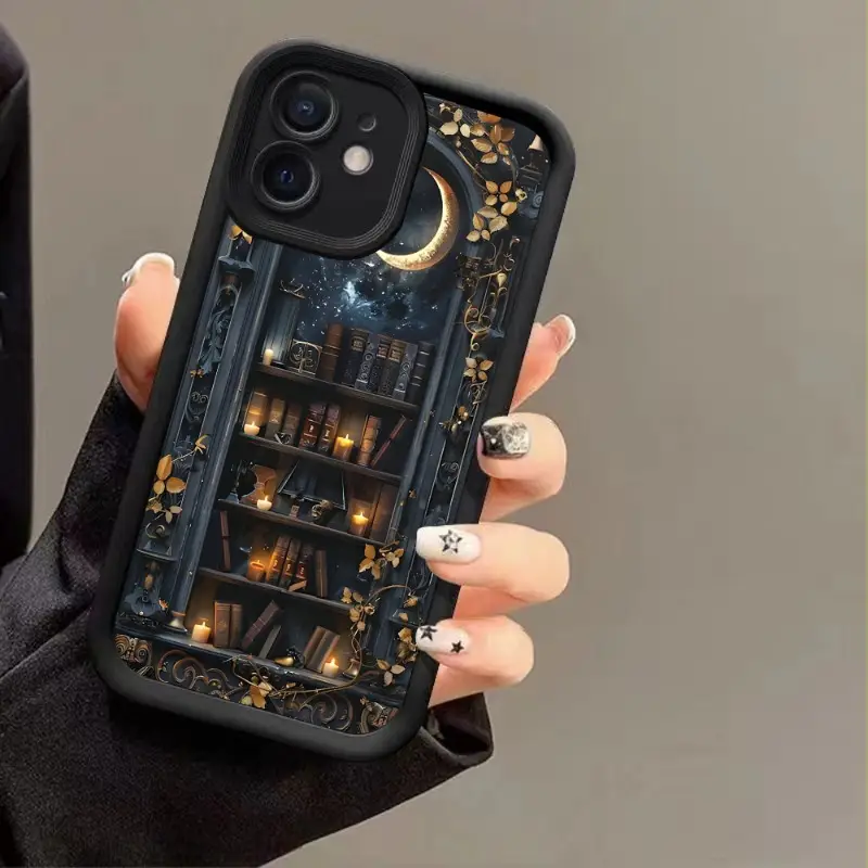 Creative and fashionable moon bookshelf pattern Case for iPhone 16 15 14 Pro Max 13 12 11 XR XS Plus Shockproof Drop Protection Rugged Durable Silicon