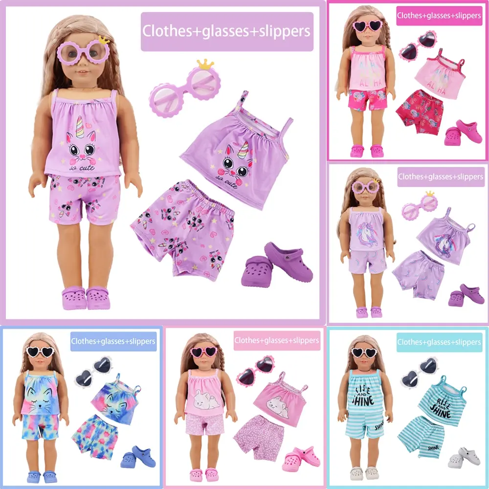 Charming 18 Inch American Doll Clothing Set, Doll Clothes Outfit, Clothes For Dolls, Includes Printed Tank Top, Shorts, Glasses, Shoes, Soft Fabric, Easy Wear, Toy for Kids over 3 Years
