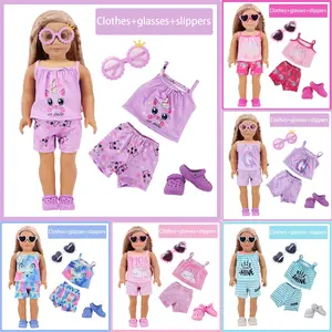 Charming 18 Inch American Doll Clothing Set, Doll Clothes Outfit, Includes Printed Tank Top, Shorts, Glasses, Shoes, Soft Fabric, Easy Wear, Toy for Kids over 3 Years