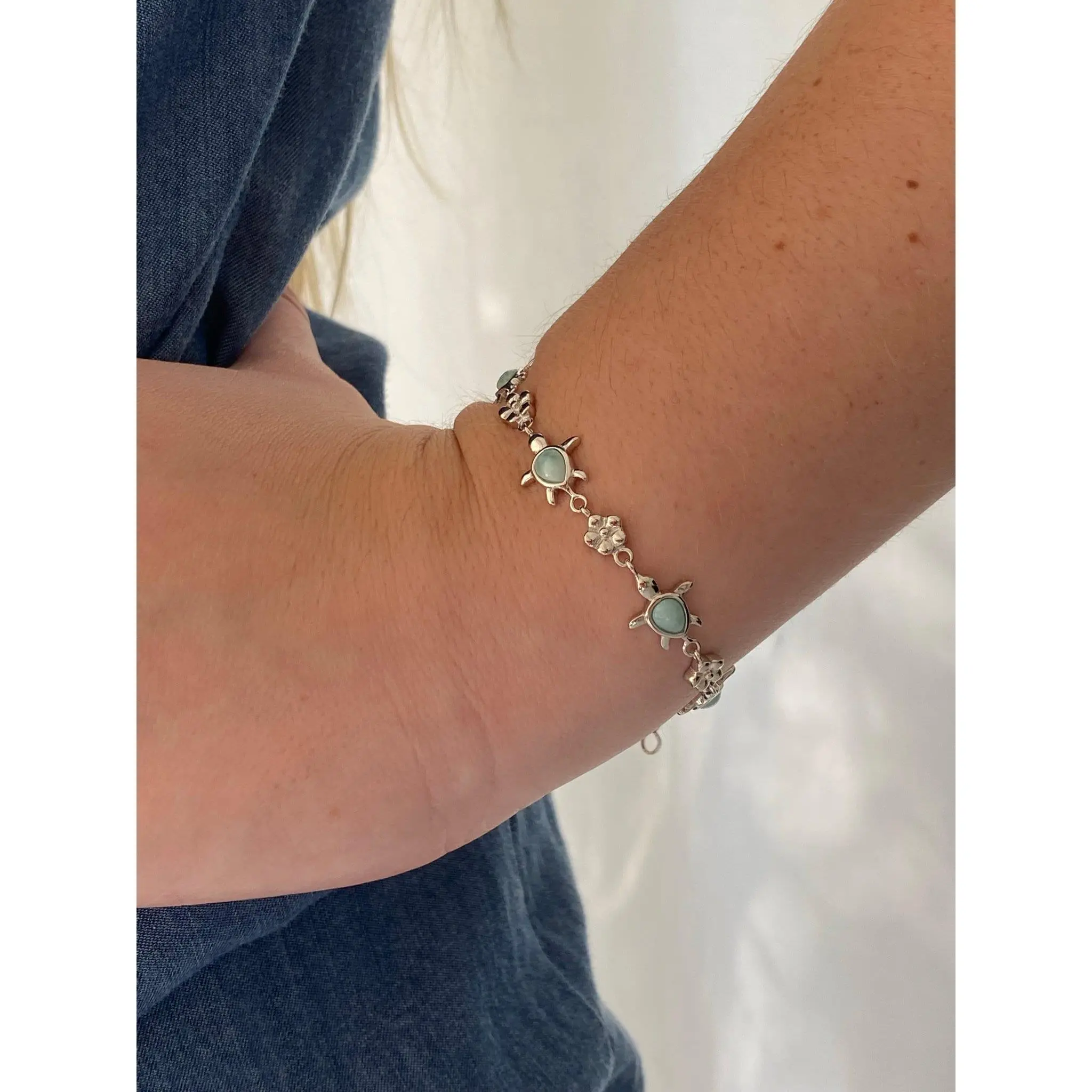 Natural Larimar Sea Turtle Sterling Silver Bracelet