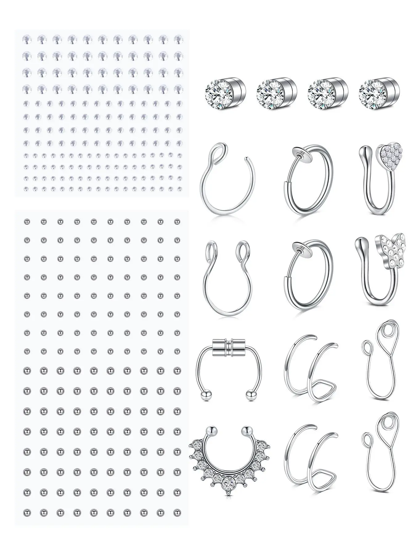 Fake Eyebrow and Lip Studs, Magnetic Nose Ring, Stainless Steel Studs, Rhinestone Stickers, No-Piercing Body Jewelry, Body Jewelry Kit