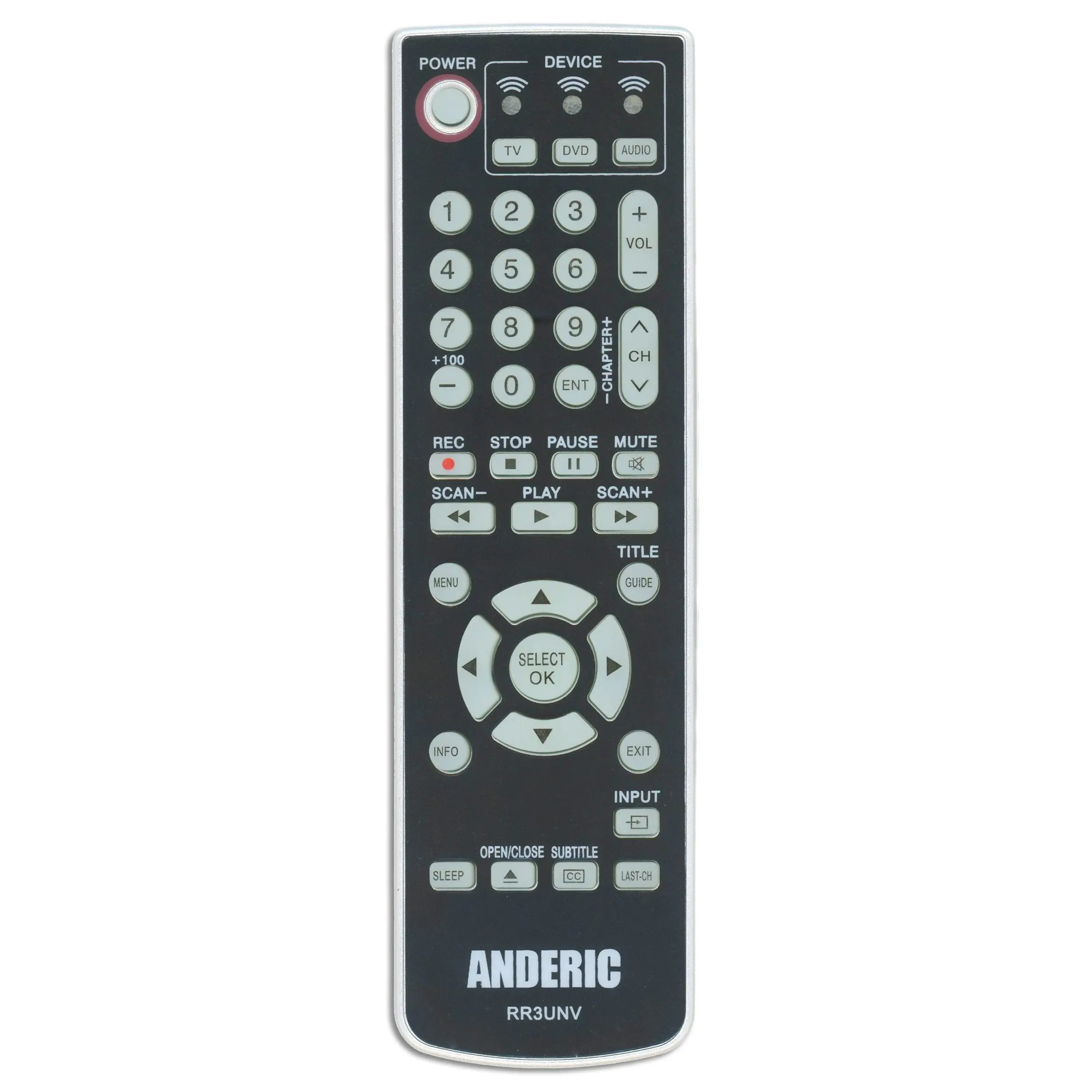 Anderic RR3UNV 3-Device Universal Remote Control for TV/DVD/VCR/Cable/Sat/Audio with Learning