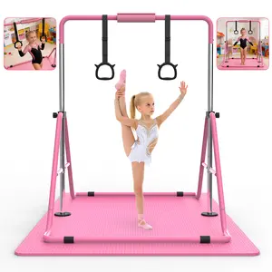 SAVEYOUR Kids' Gymnastics Bar - Foldable Training Horizontal Bar with Rings for Girls, Anti-Wobble Reinforced, Expandable up to 140 lbs, Adjustable Height 35"-51", Waterproof Surface, Parent-Child Interactive