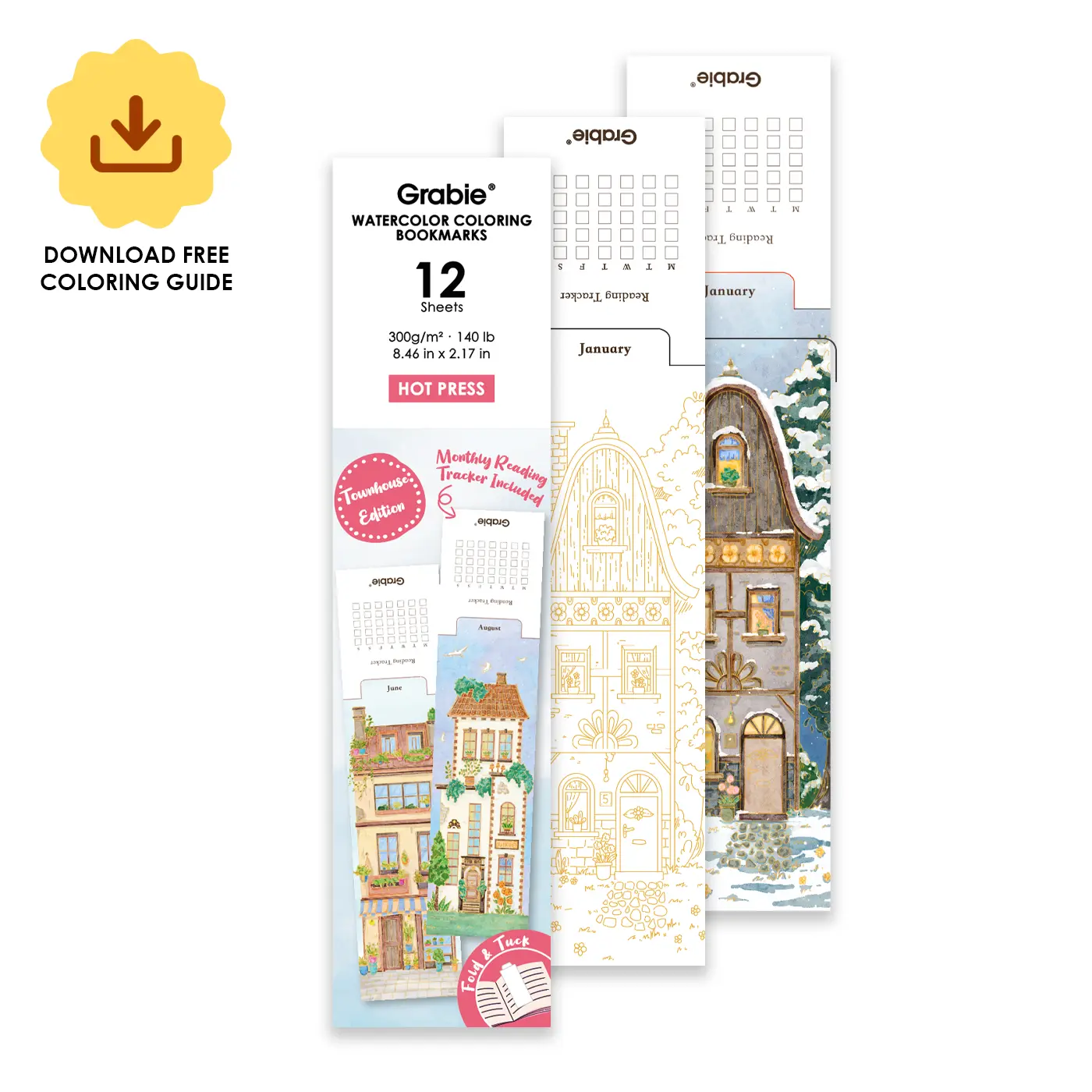 Grabie 12-Sheet 140lb Acid-Free 100% Cotton Watercolor Art Painting Bookmarks - Townhouse Edition, Durable Surface, Built-In Reading Tracker, Blank Print, Craft Use, Adult Coloring, Back to School Class Reward Gift
