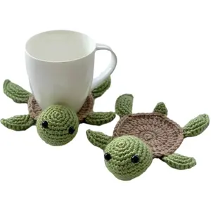 2 Pcs Handmade Crochet Knitting Animal Tortoise Shaped Mat Set, Turtle Coaster Rug for Drink Cup Mug, Funny Desk Table Office Accessories Housewarming Decoration