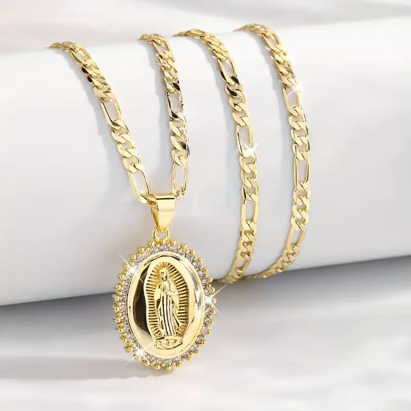 Gold Guadalupe Virgin Mary Necklace for Women Men Teens, 14K Gold Plated Oval Zircon Inlay Oil Drip Virgin Mary Pendant with Stainless Steel Figaro Chain Necklace
