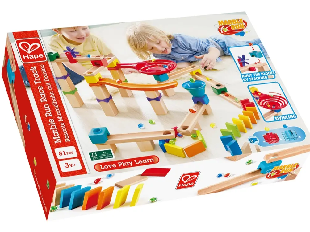 Hape Wooden Blocks Marble Run Racetrack Set - ASTM F963 Certified Buildable Race Track Toy with Marbles & Tracks for 3+ Years Kids, 3.3 lbs Creative Play Classic Novelty Toy