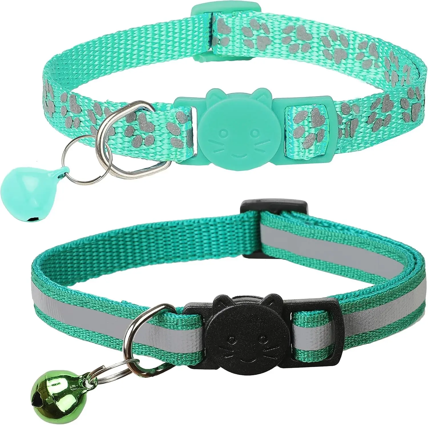 2 Pack Reflective Cat Collar Breakaway with Bell,Personalized Kitten Collars,Adjustable Safety Buckle Collar for Male Cats Girls & Boys (Dark Green)