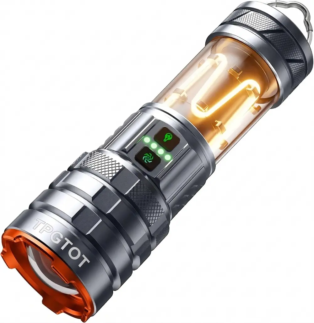 TPGTOT Super Bright LED Outdoor Camping Hiking Flashlight with 5 Adjustable Beams USB Rechargeable Smart Power Display Telescopic Zoom for Emergencies Hiking Camping Adventures