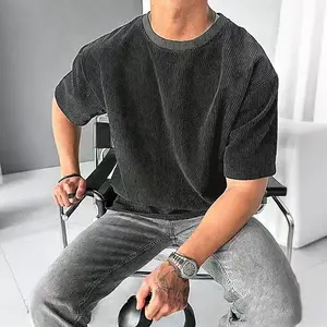 Men's Black Corduroy Short Sleeve Tee 2026 Loose Fit Vintage Washed Raglan Stripe - Breathable Casual Street Style Top