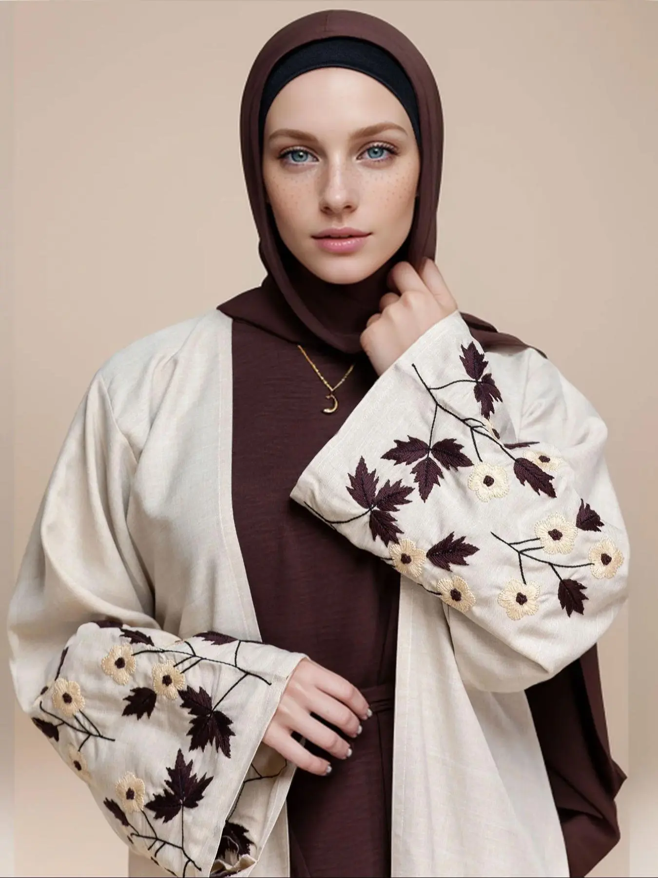 Women's Floral Embroidery Long Sleeve Abaya, Modest Casual Open Front Abaya for Daily Wear, Women's Islamic Clothing for All Seasons, Modesty Abaya, Modesty Muslim Clothing, Modest Muslim Outfits