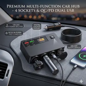 Nuokaiqi 4-Socket Cigarette Lighter Splitter 120W, Multi USB Car Charger with Independent Switches, PD/QC 3.0 Fast Charging Adapter Station for 12V/24V GPS, Dash Cam, Phone, Road Trip Essentials