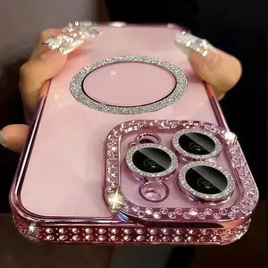 Sparkling Rhinestone Magnetic Protective Phone Case Protector Casing for iPhone 17 Air/16/15/14/13/12/11 Plus/Pro/Max, Anti-Drop Shockproof Protection Fashion Phone Cover for Women