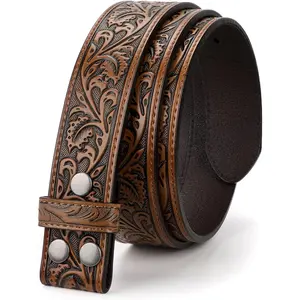Western Belt Strap for Men without Buckle 1.5" Wide Floral Engraved Embossed Leather Belt Strap