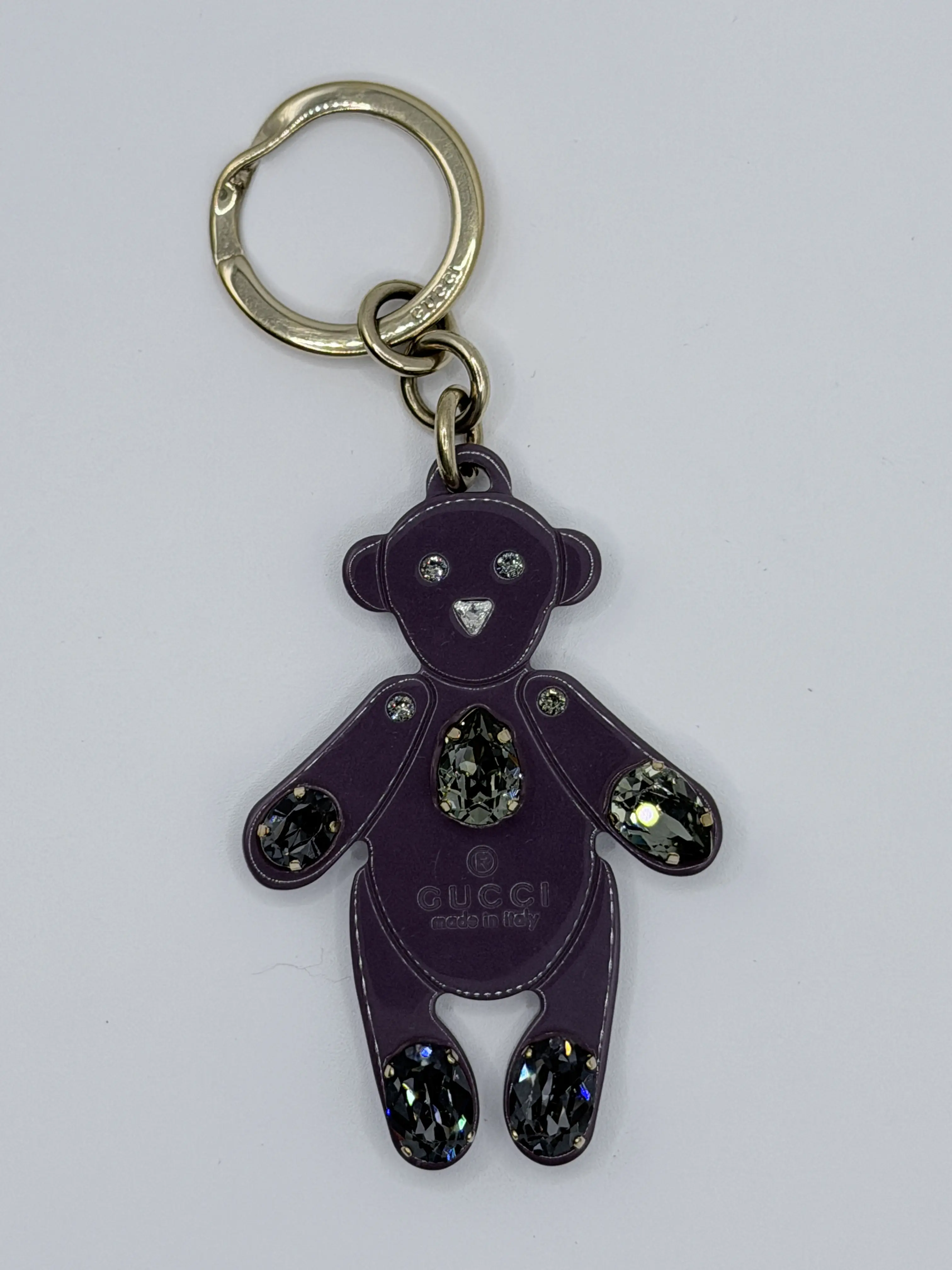 Pre-owned GUCCI plexiglass Small Leather Goods Swarovski Crystal Embellished Teddy Bear Keychain Bag Charm Purple JD871GG