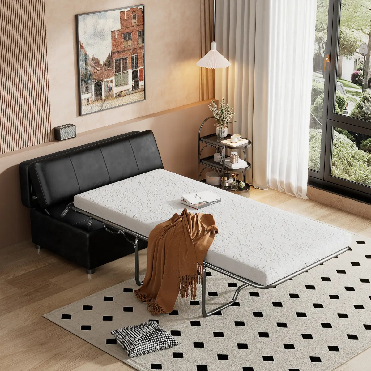 [Fahuac] Sturdy Rectangular Pull-Out Ottoman Sleeper Bed - Twin Size, PU Leather, Metal Frame, Polyurethane Foam, Cushion Included, 250 lbs Capacity, 46*28.5*17.7 inches, Self Assembly Required, Modern, Rubber, Comfy, For Living Room & Conference Room