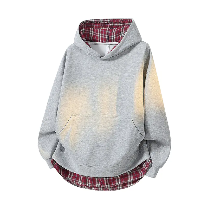 Men's Fake Two Piece Hooded Sweatshirt, Plaid Lined Hood And Hem Details Front Kangaroo Pocket Long Ribbed Cuff Sleeves Curved Hem Relaxed Fit Casual Pullover For Spring Autumn Daily Street Travel Outdoor Leisure Activities#SummerWins