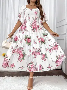 Women's Plus Size Fashion Casual Floral Print Elegant Shirred Dress, Short Sleeve Loose-Fitting Midi Dress for All Seasons