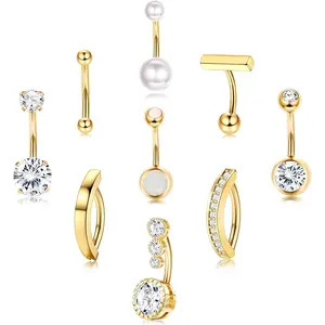 Sparkling 9 Pcs Gold Belly Button Ring Surgical Stainless Steel Belly Rings CZ Opal Pearl Belly Button Ring Clicker Belly Piercings for Women Navel Piercings Pack Silver/Gold