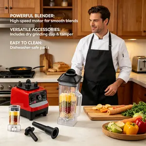 Professional desktop mixer, high-speed power mixer, suitable for 2L container milkshakes and smoothies, ice soybean milk, hot soup, frozen desserts, crushed and mixed household. 110V American plug, red